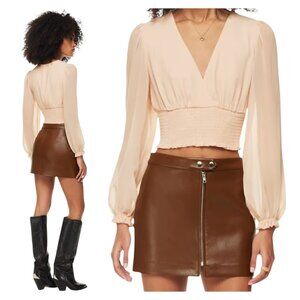 Aritzia Wilfred Wistful Smocked V-Neck Sheer Long Sleeve Blouse Coral Blush XL